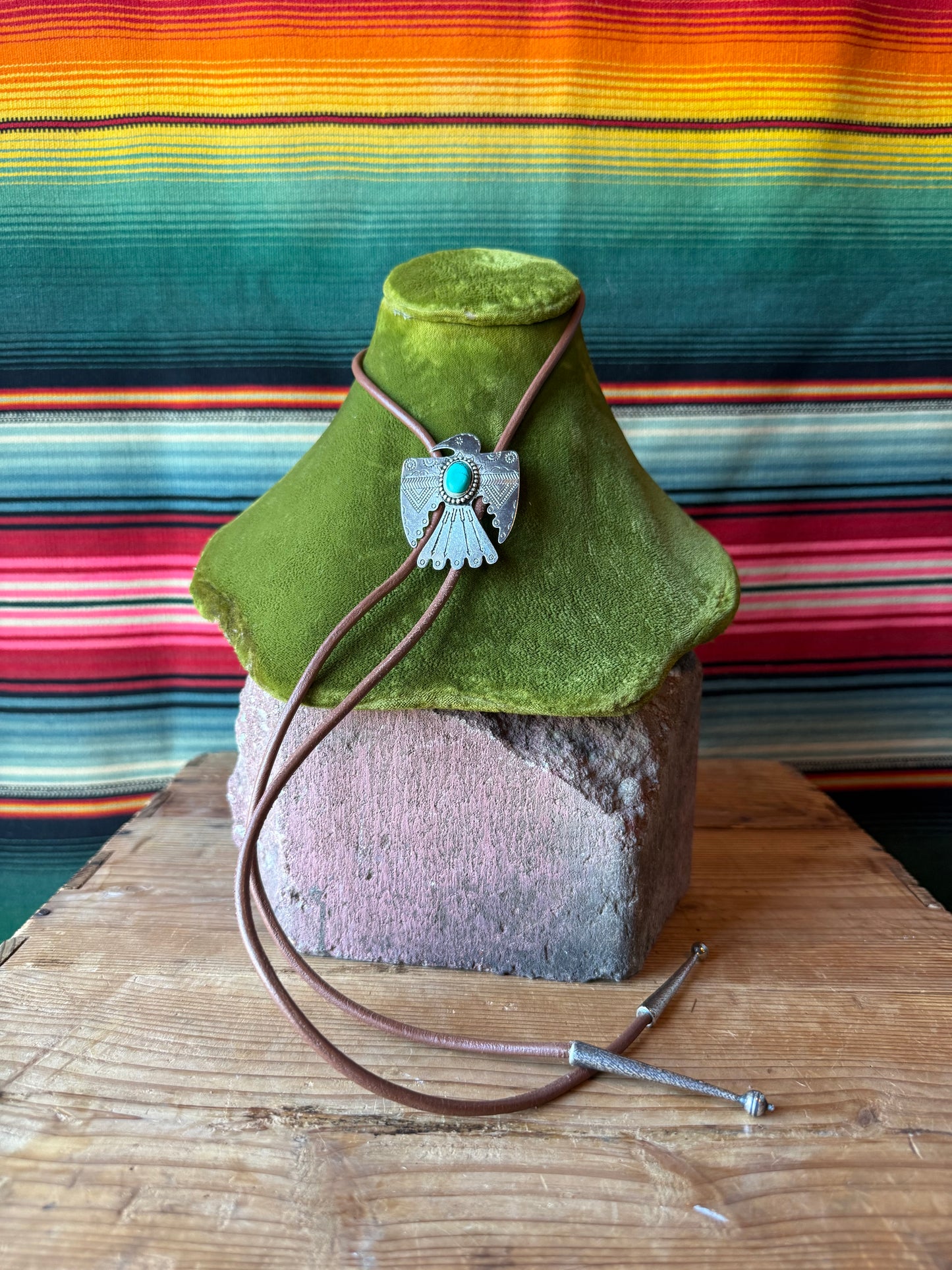 Thunderbird Turquoise Concho Brown Leather Bolo Tie