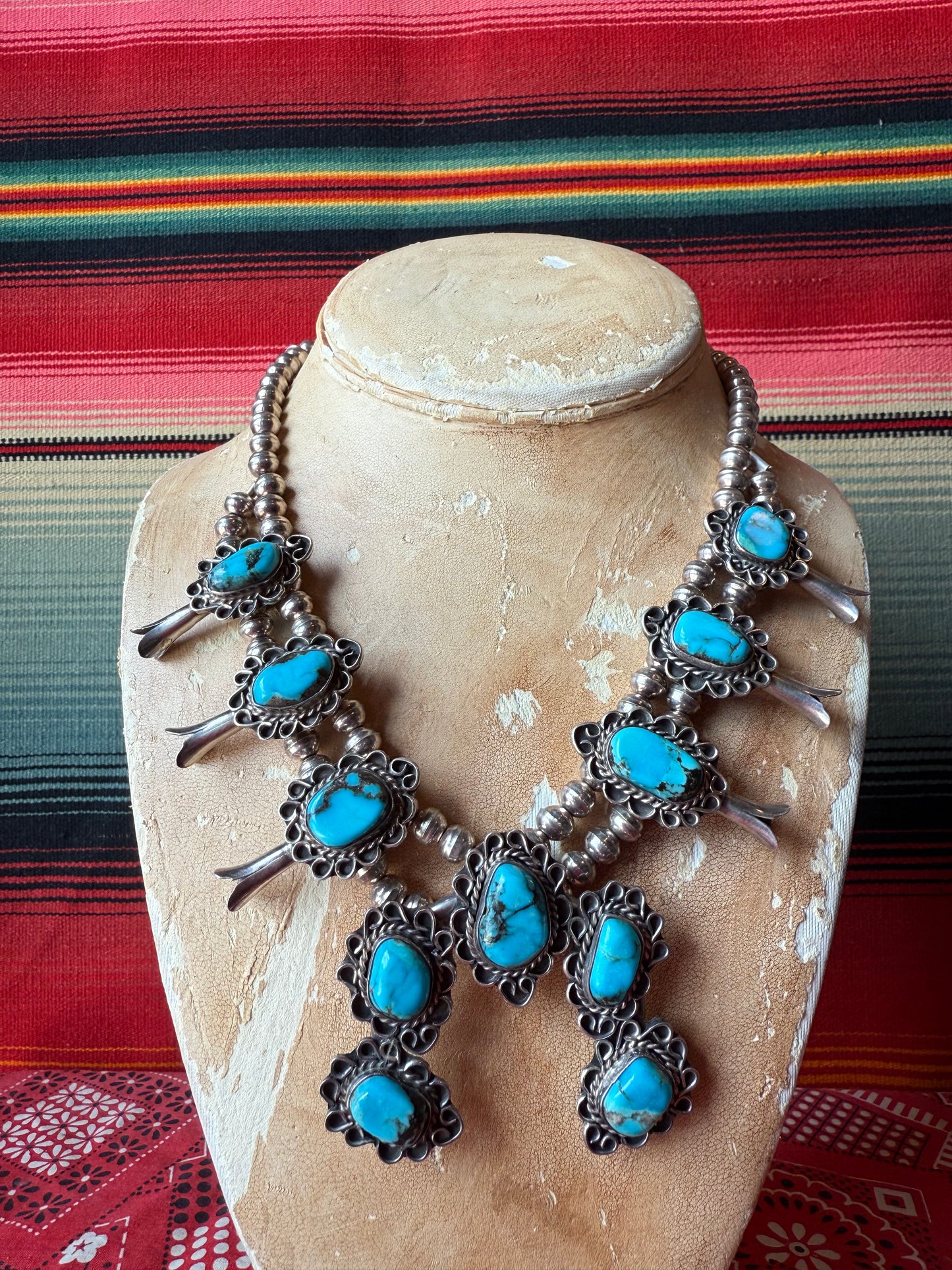 Vintage Sterling and Turquoise Squash Blossom Choker
