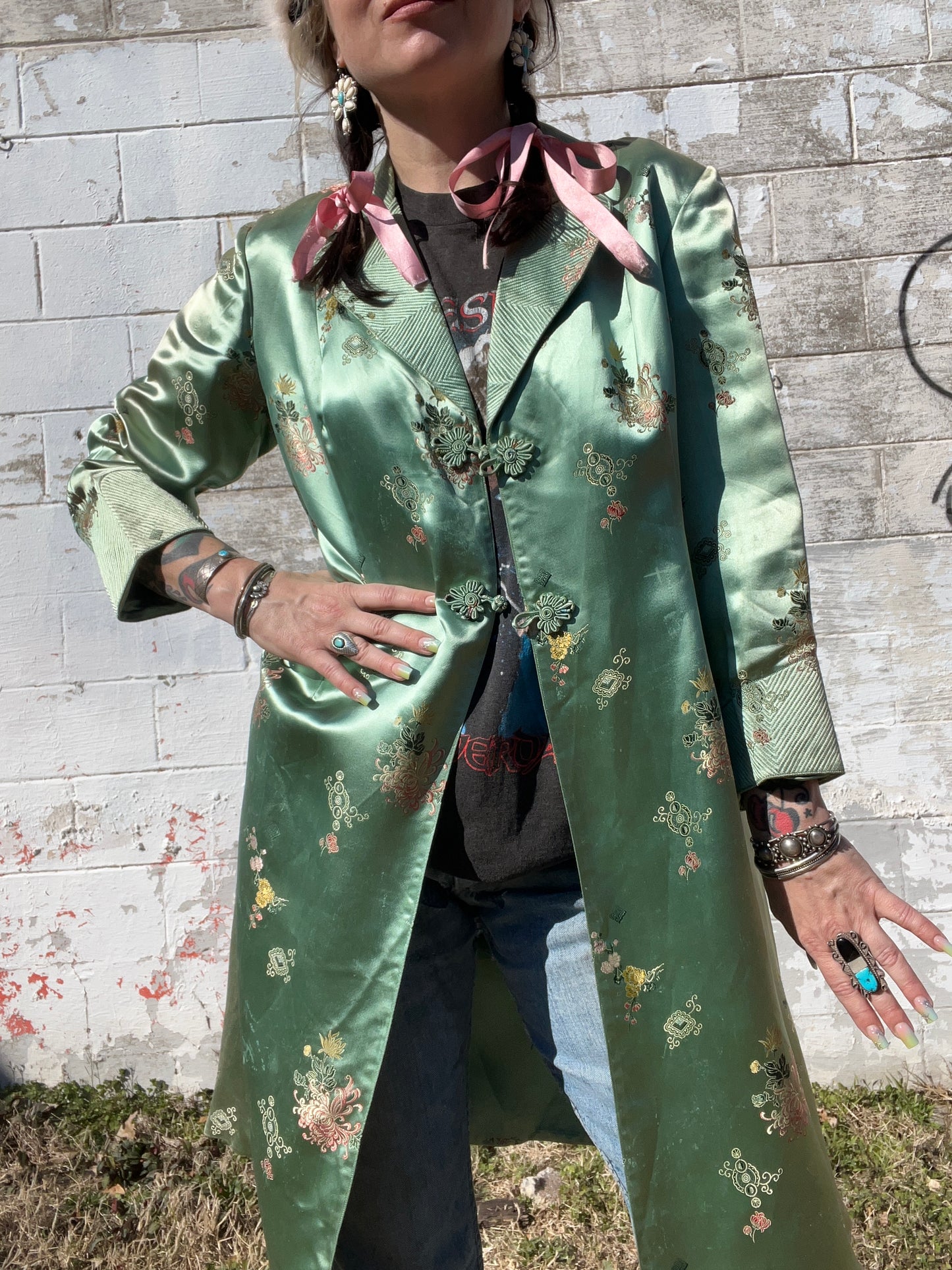 Vintage Mint Green Satin Duster Coat
