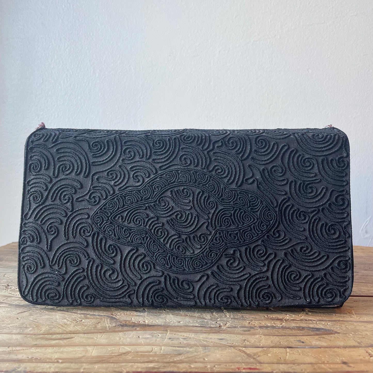 Vtg.Black Embroidered Saturn Pattern Clutch