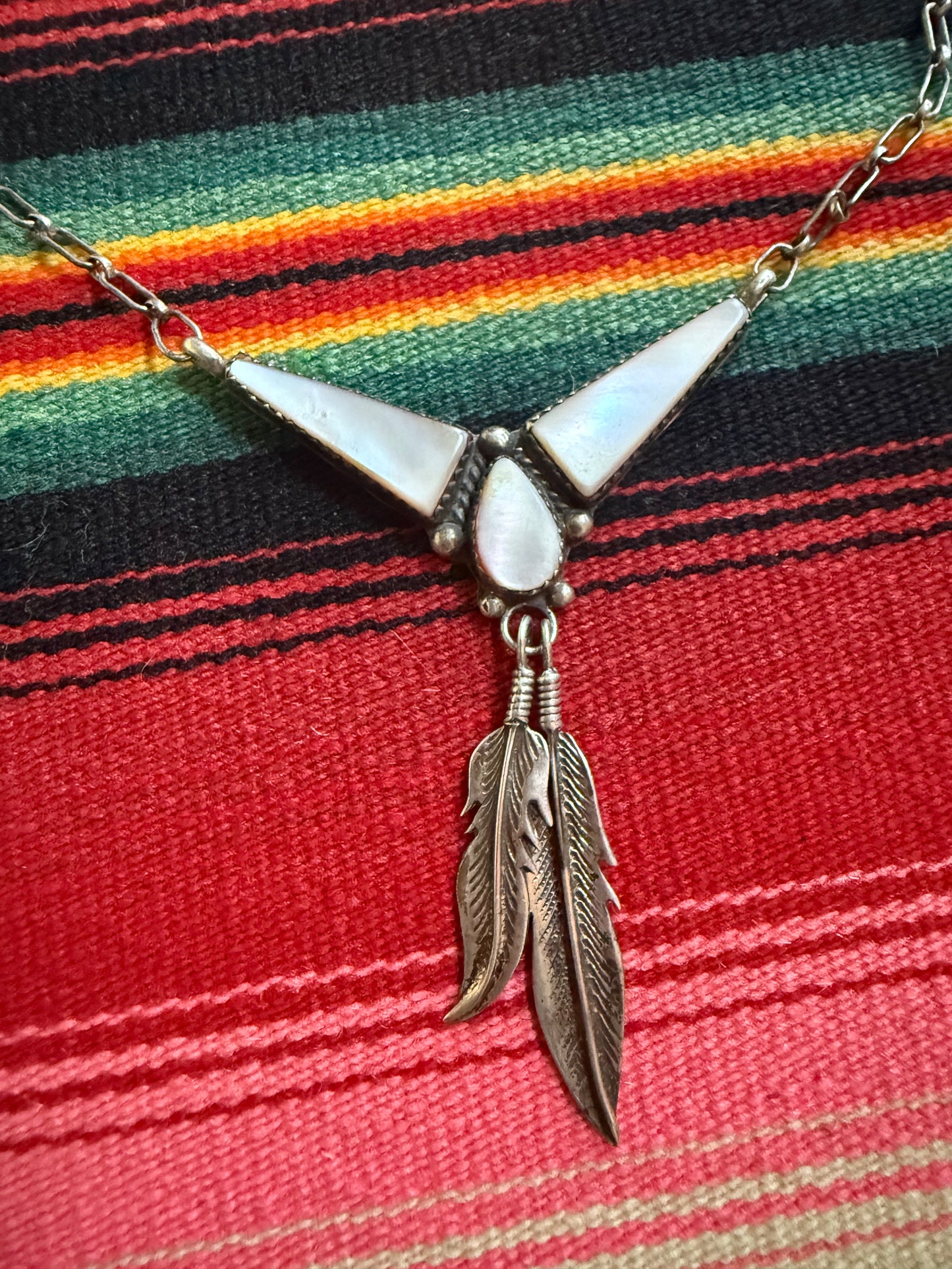 Vintage Sterling and Mother of Pearl Feather Pendant with Chain 8”