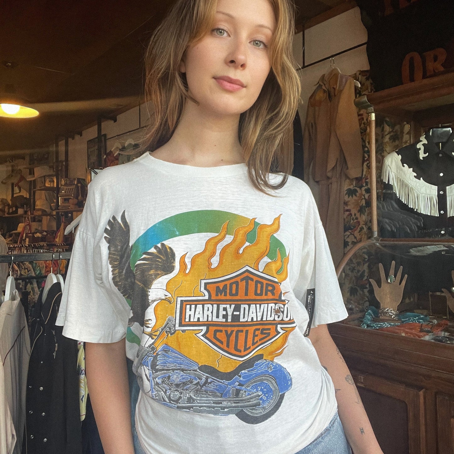 Single Stitch Flame and Eagle Harley Tee Large