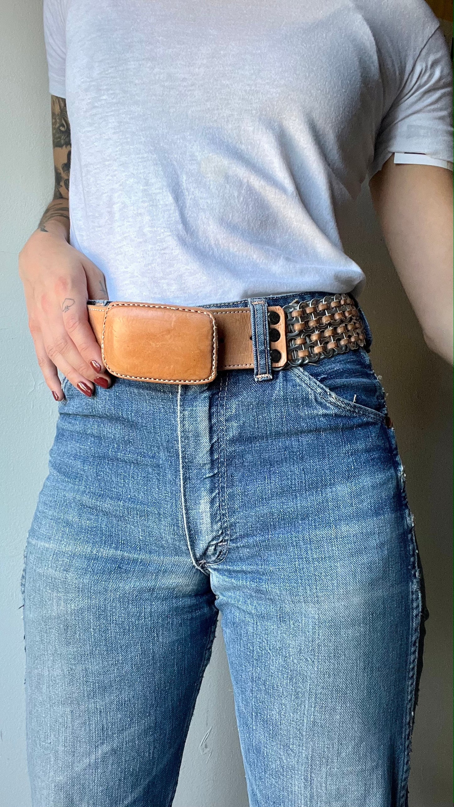 Vintage Handmade Can Tab & Leather Belt 36-40"W