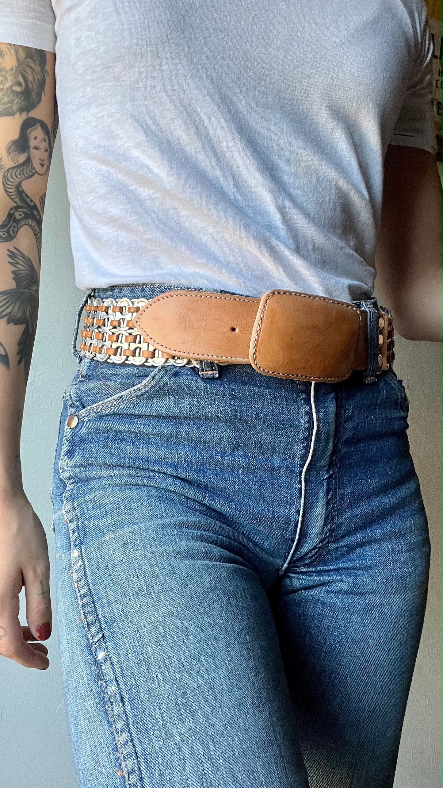 Vintage Handmade Can Tab & Leather Belt 36-40"W