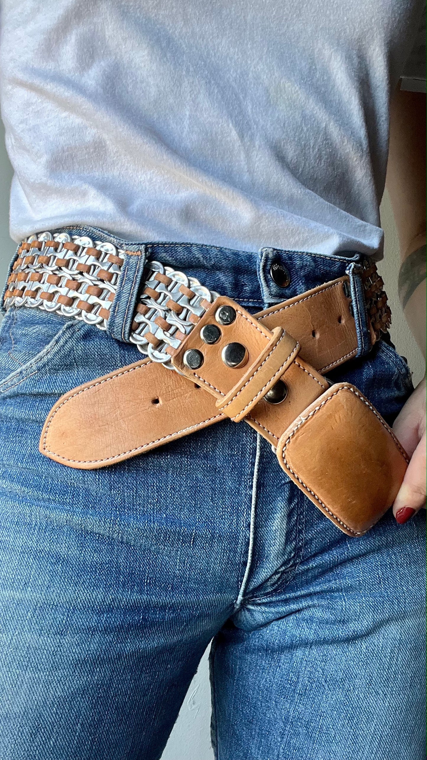 Vintage Handmade Can Tab & Leather Belt 36-40"W