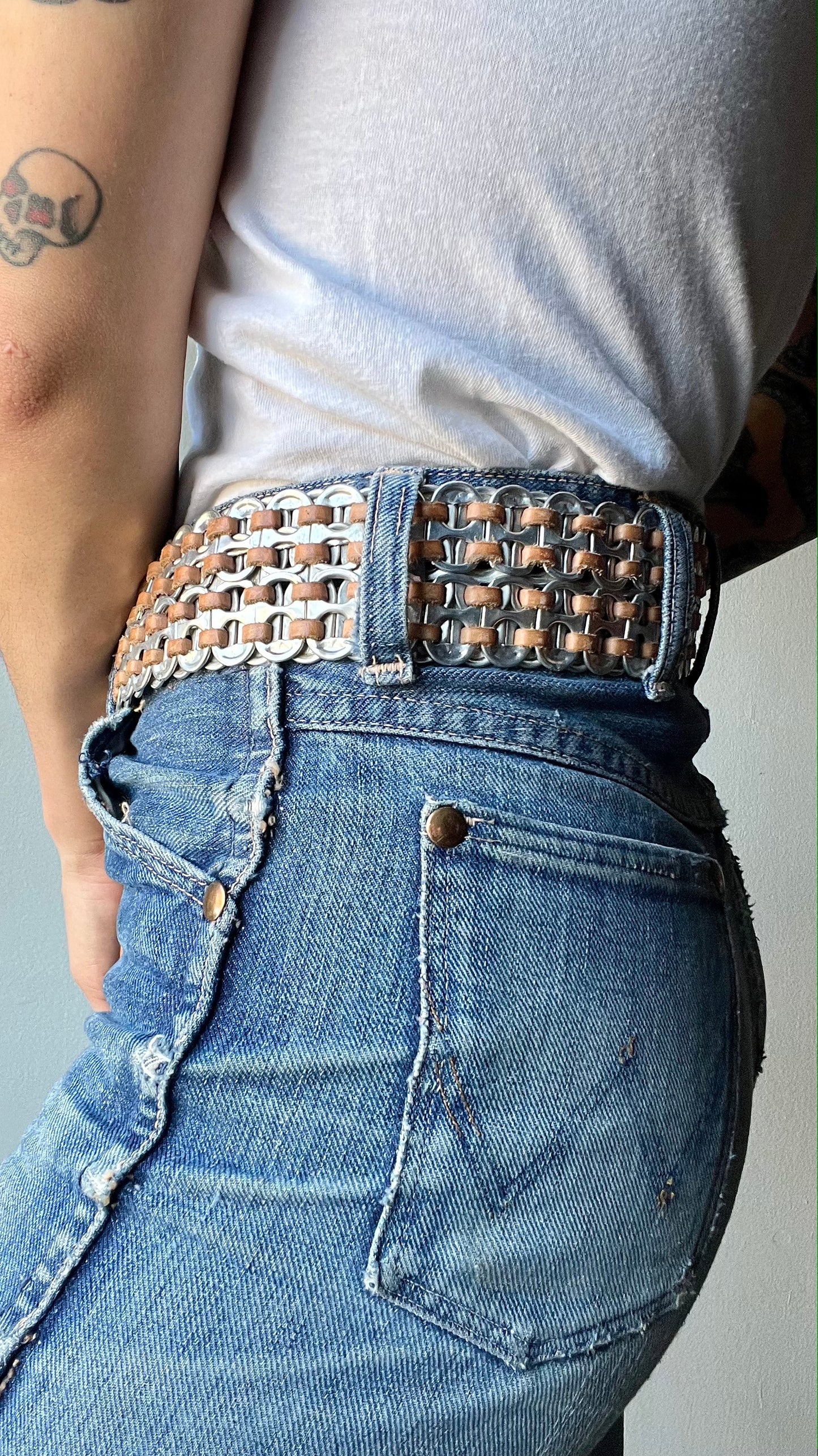 Vintage Handmade Can Tab & Leather Belt 36-40"W