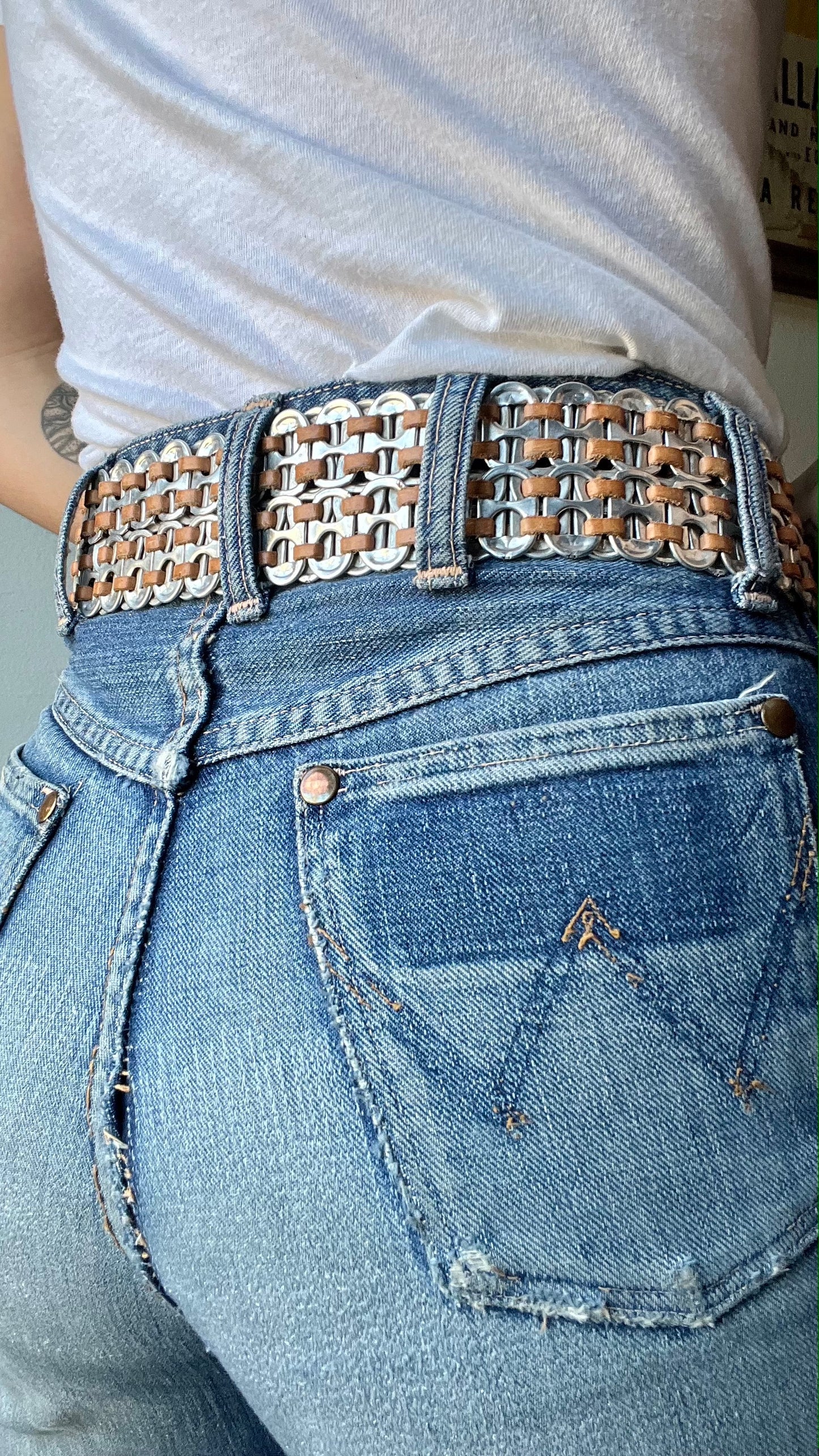 Vintage Handmade Can Tab & Leather Belt 36-40"W