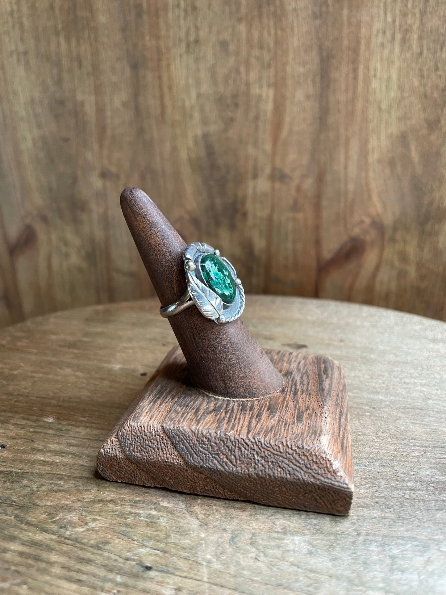 Sterling Silver Jadeite Stone Ring with Feather Detail