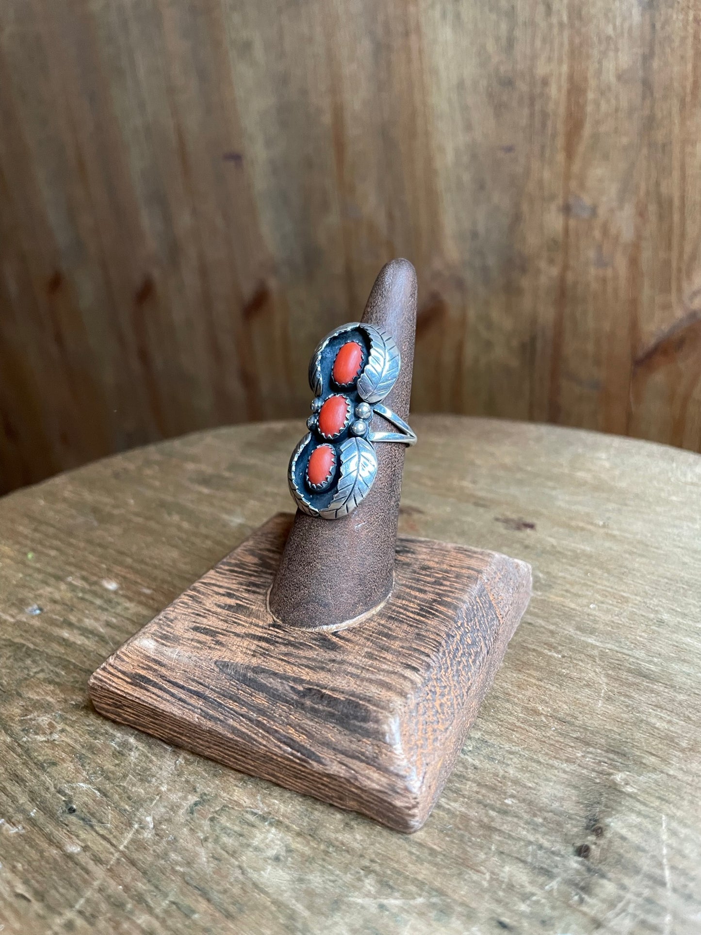 Sterling & Coral Ring w/ Feather Accents