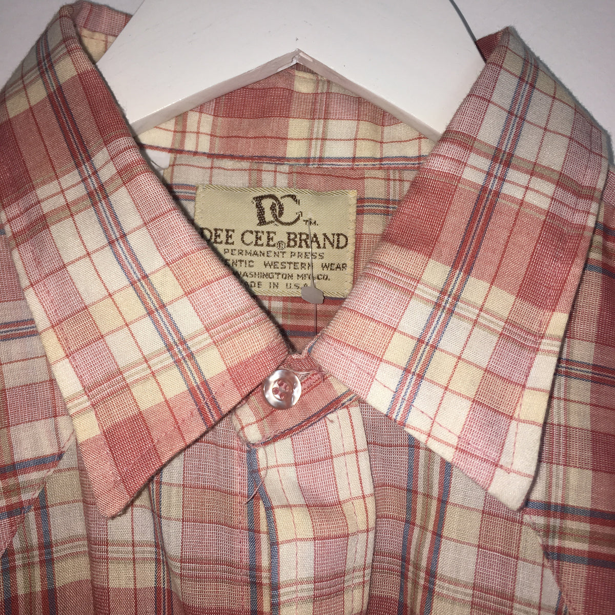 Vtg. Soft Salmon Plaid Dee Cee Pearl Snap Shirt