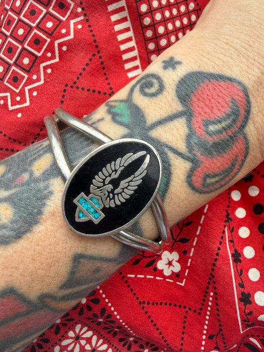 vintage crushed turquoise and enamel bootleg Eagle Harley Davidson badge cuff (MA)
