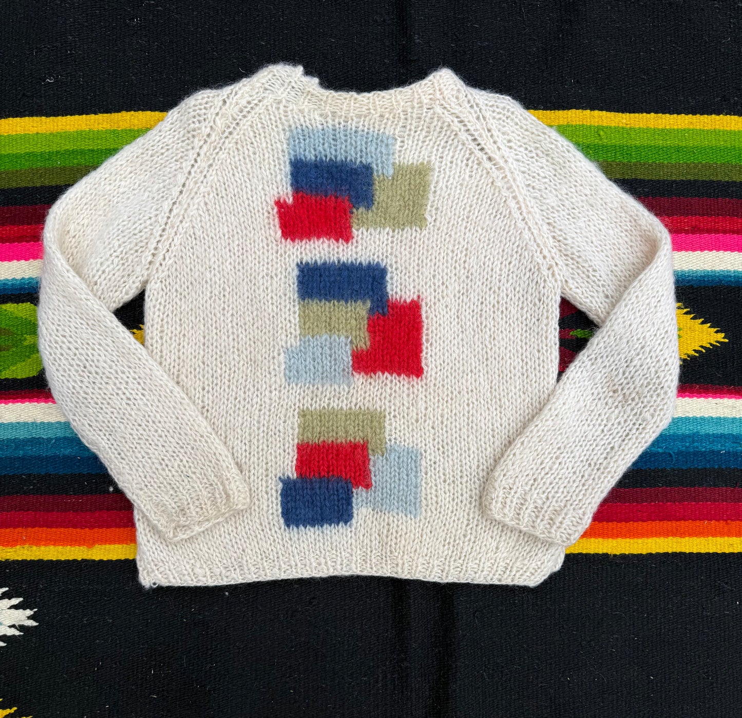 Vintage Cream Knit Sweater with Block Pattern