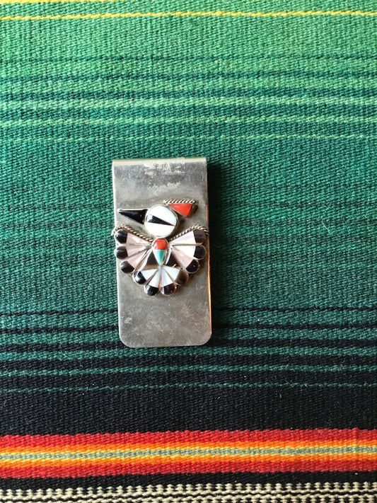 Vintage Zunni Thunderbird (Sterling, Mother of Pearl, Turquoise, Onyx, Coral) Stainless Steel Money Clip 1” by 2”