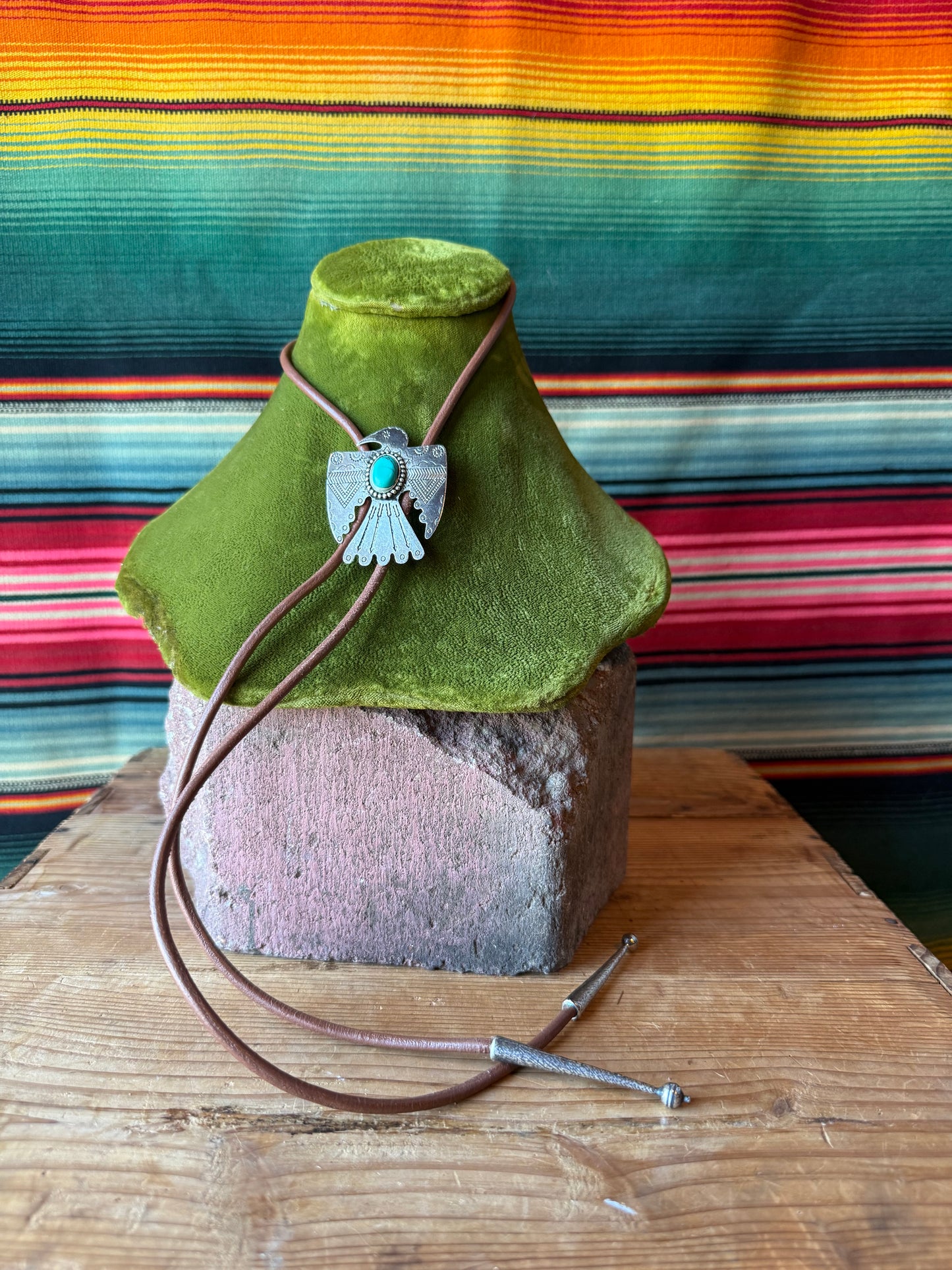 Thunderbird Turquoise Concho Brown Leather Bolo Tie