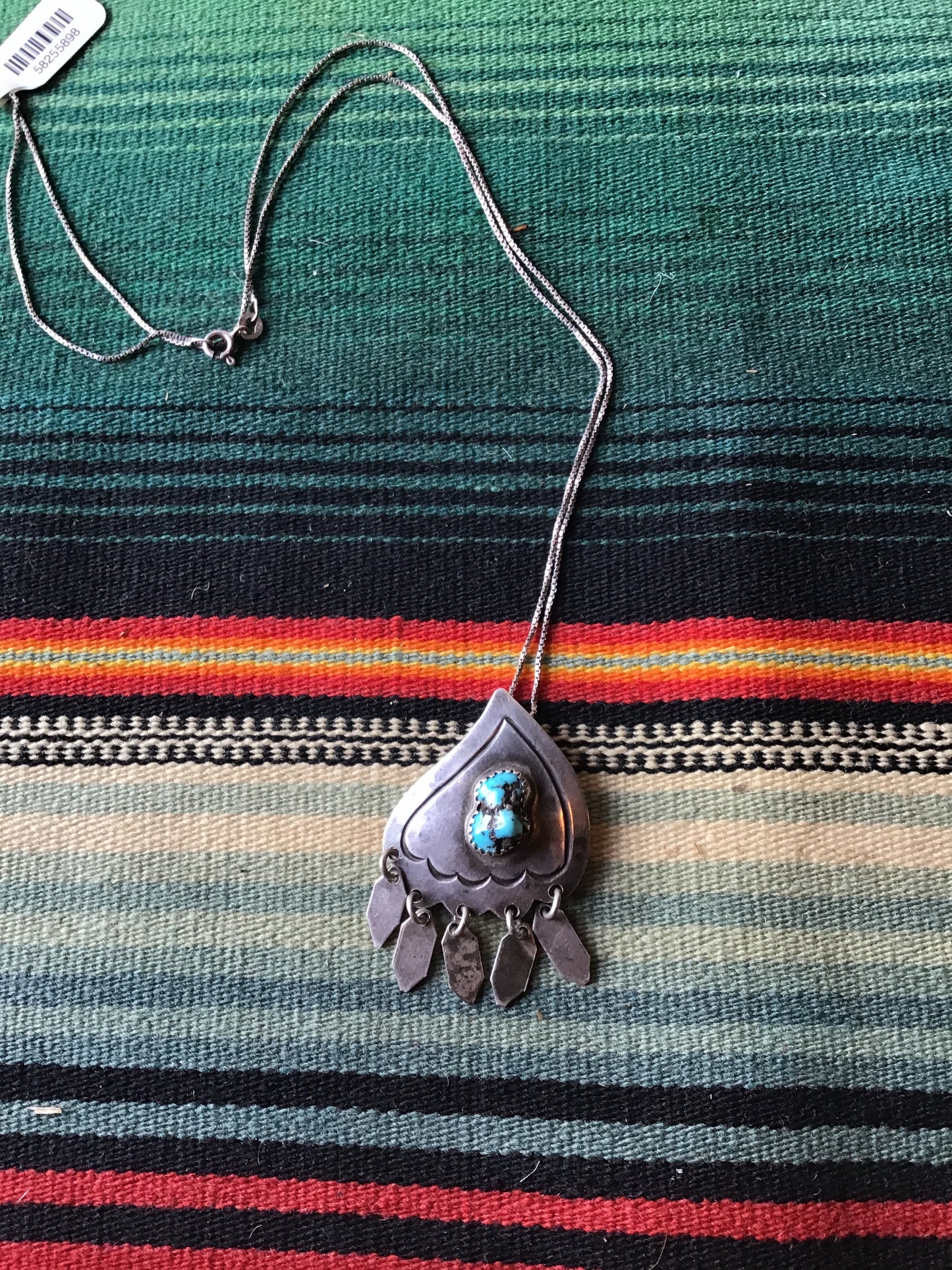 Vintage Sterling and Turquoise Pendant and Italian Sterling Chain 11”