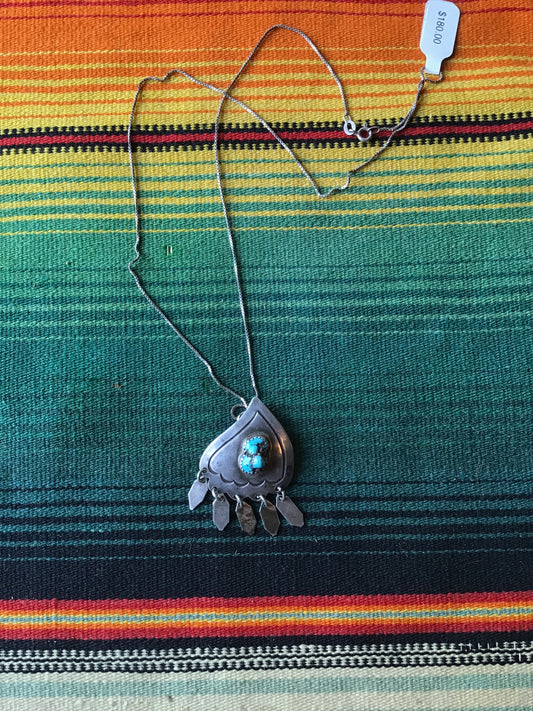Vintage Sterling and Turquoise Pendant and Italian Sterling Chain 11”