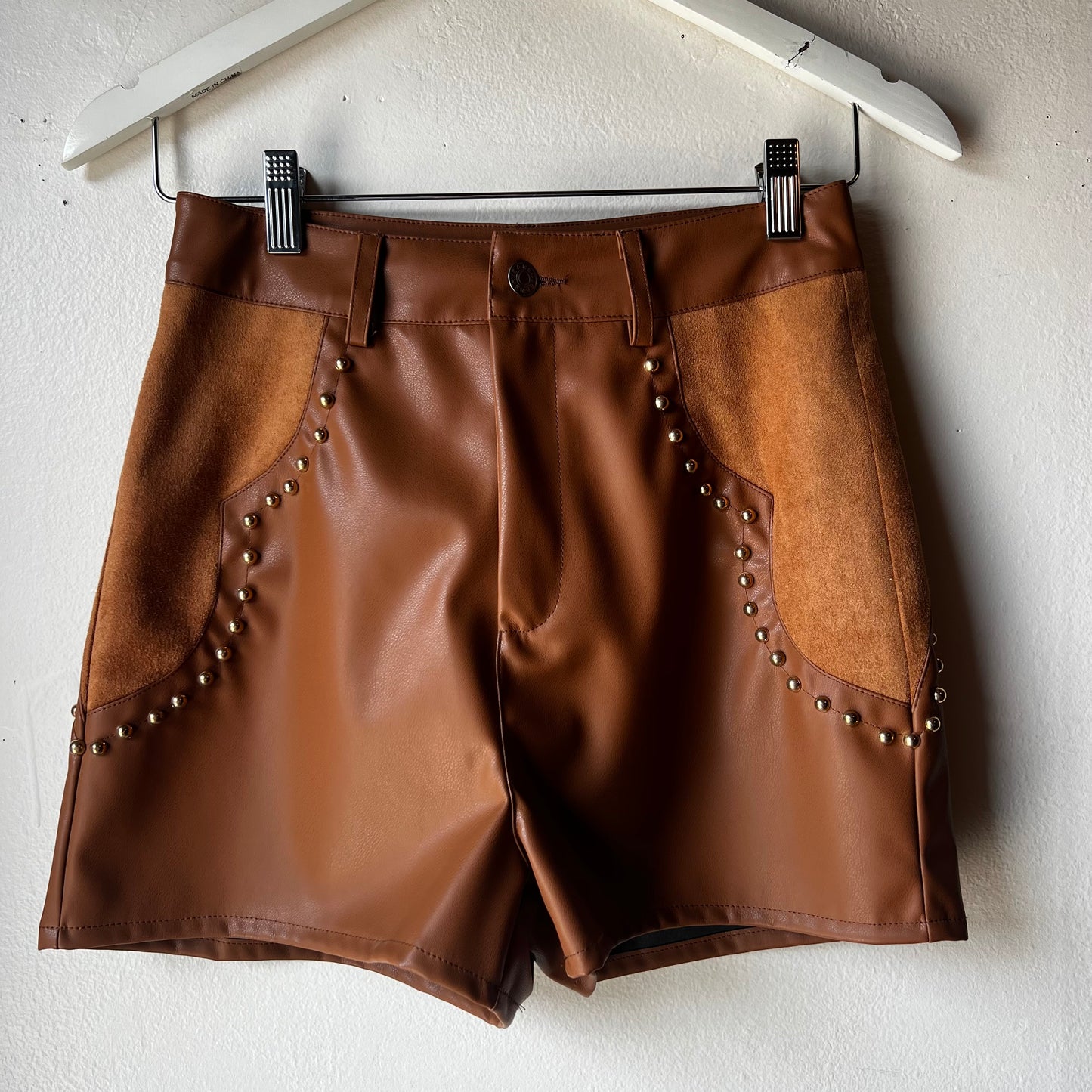 Studded Leather Shorts Camel