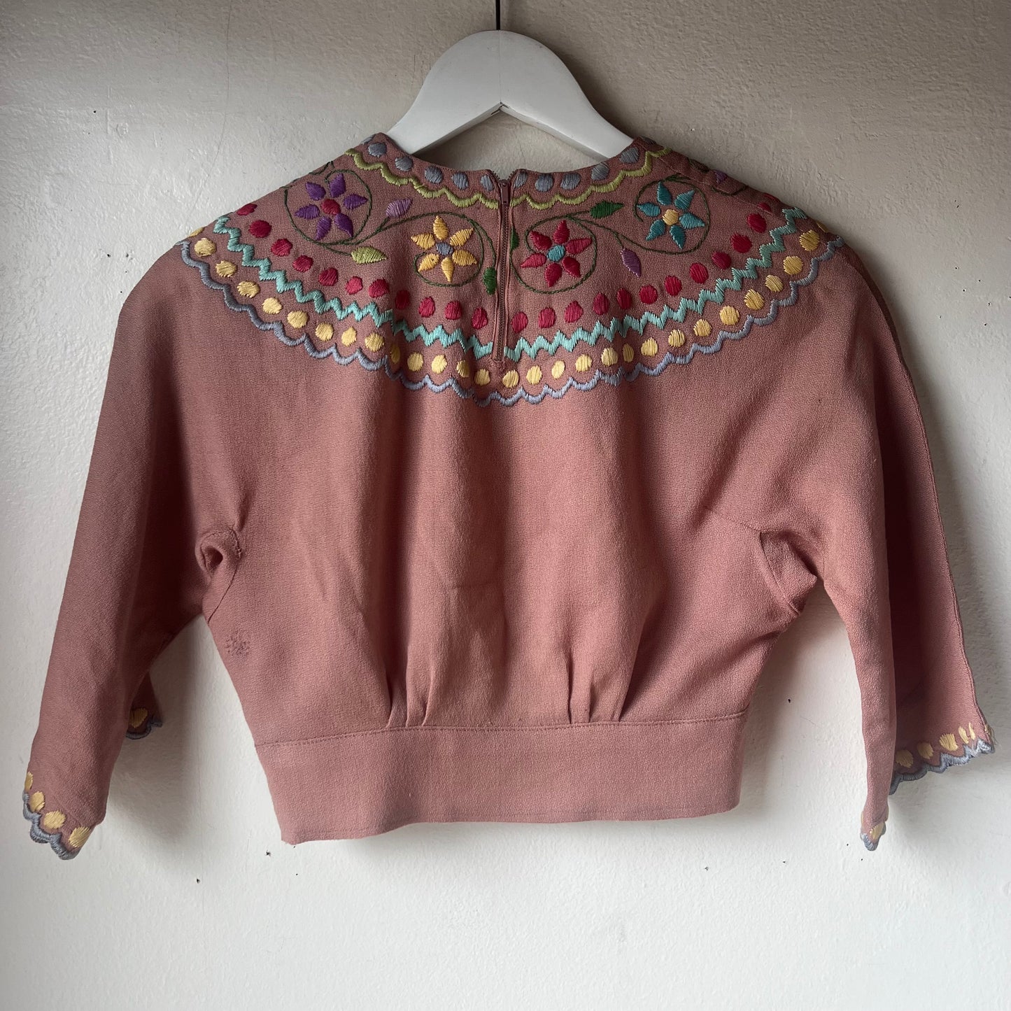 Victorian 30's Wool Crepe Embroidered Cropped Blouse