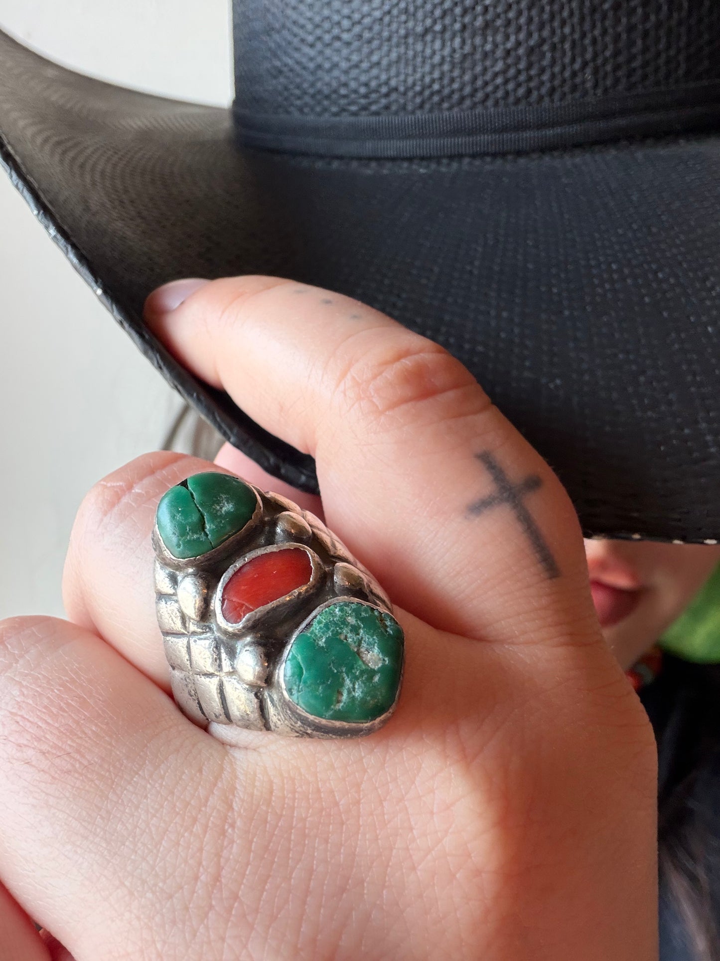 Sterling, Turquoise and Coral Ring Size 10