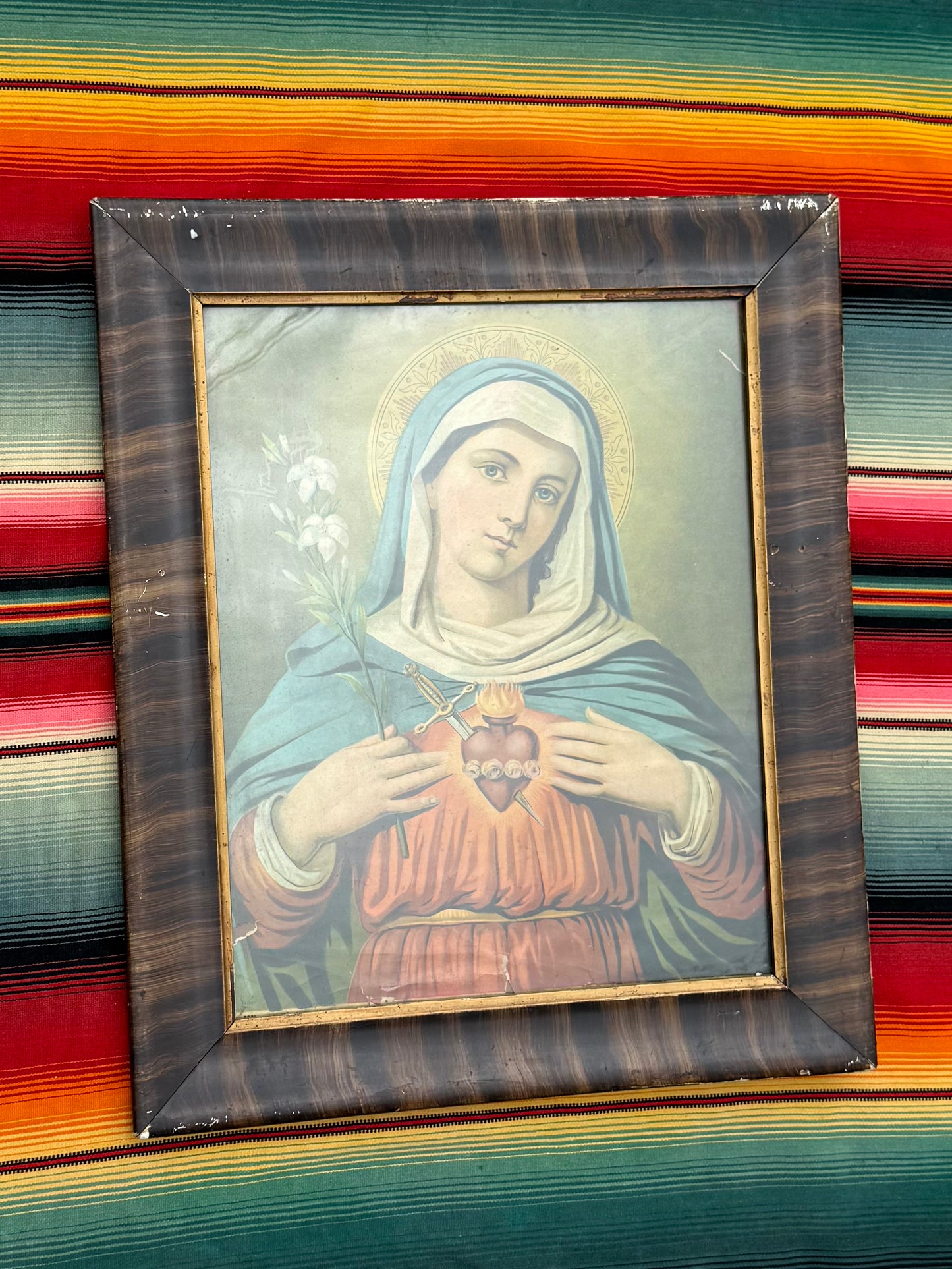 Antique Mary Sacred Heart Lithograph