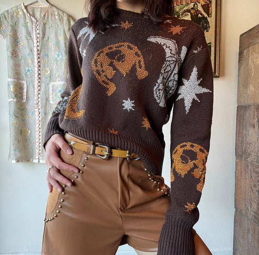 Brown Metallic Western Printed Sweater