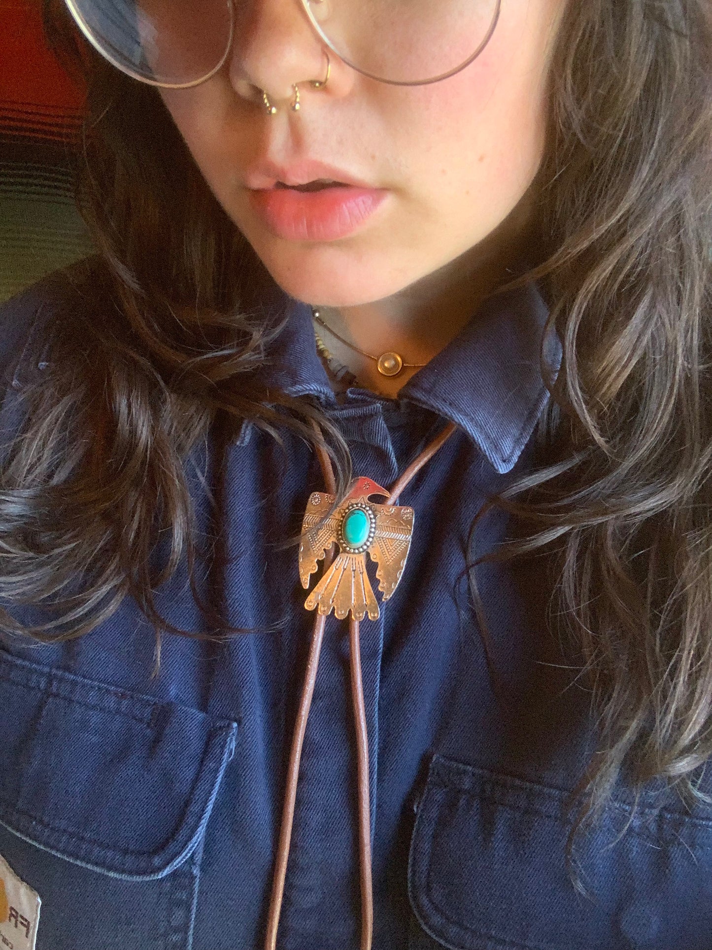 Thunderbird Turquoise Concho Brown Leather Bolo Tie