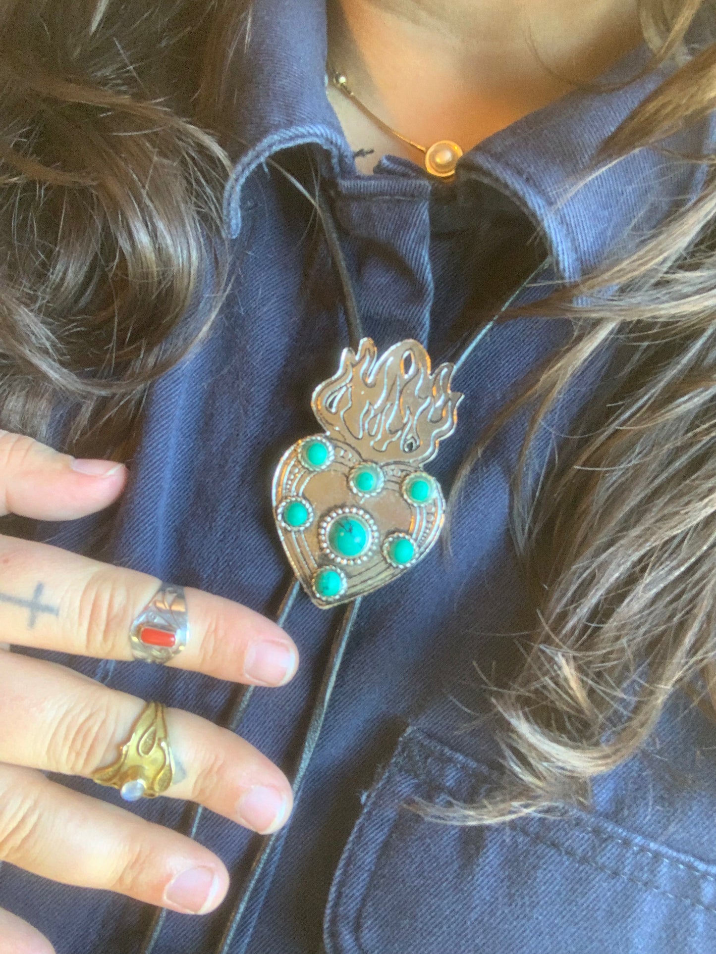 Flaming Heart Turqoiuse Bolo Tie