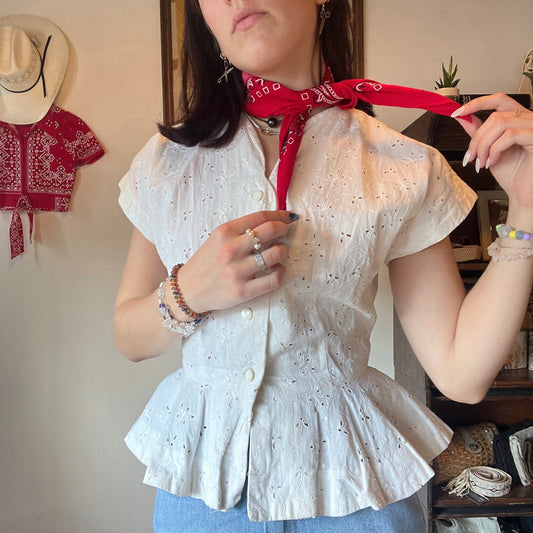 Eyelet Lace Buttonfront Peplum Top