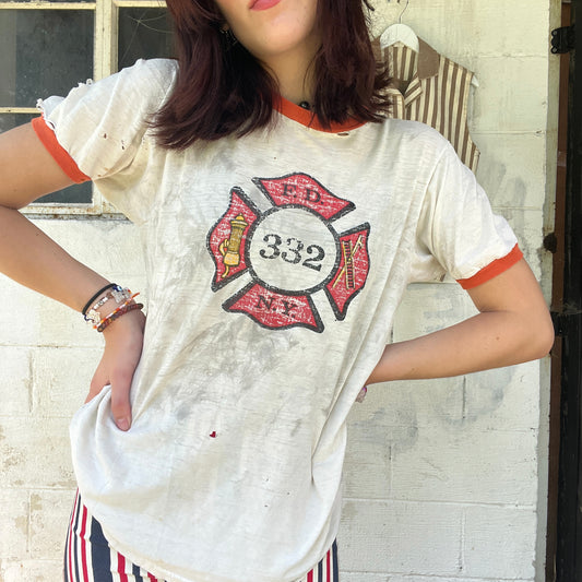 Vtg NYFD Orange Ringer T-Shirt