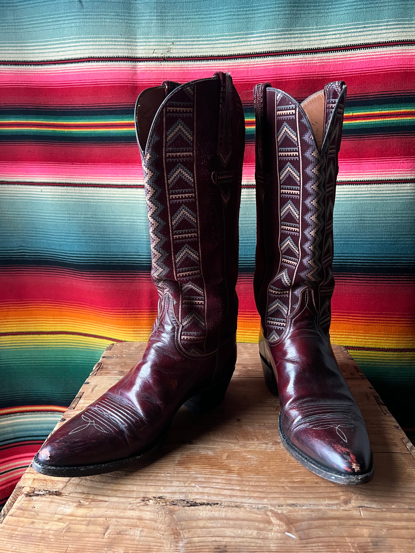 Vintage Lucchese Cowboy Boots Oxblood Red Woven Suede Womens Size 7