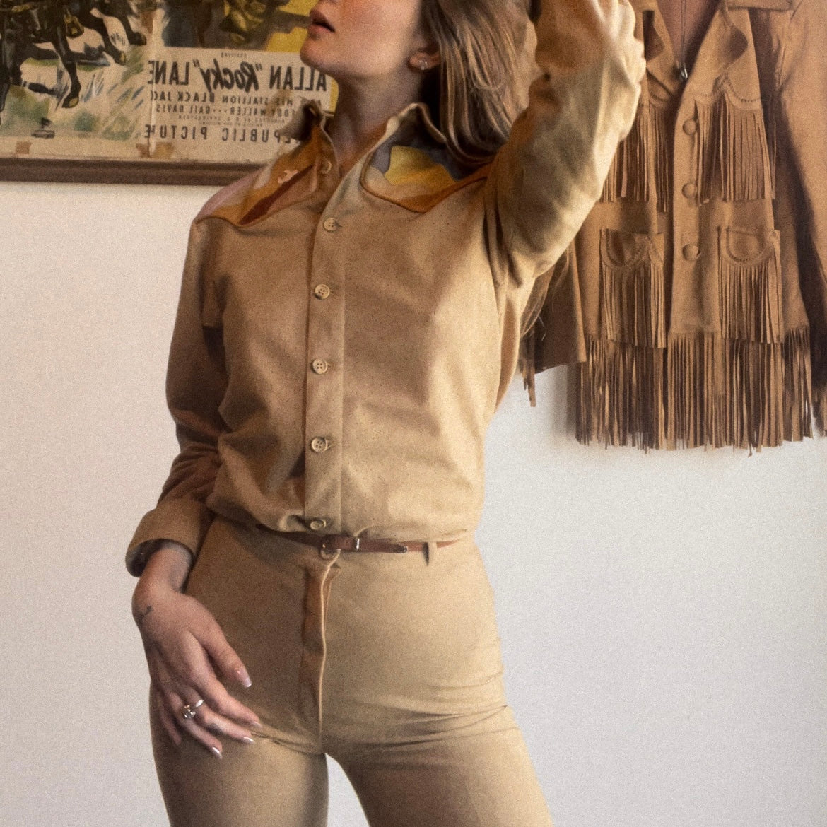 Suede Western Suit with Patchwork leather Desert Scene