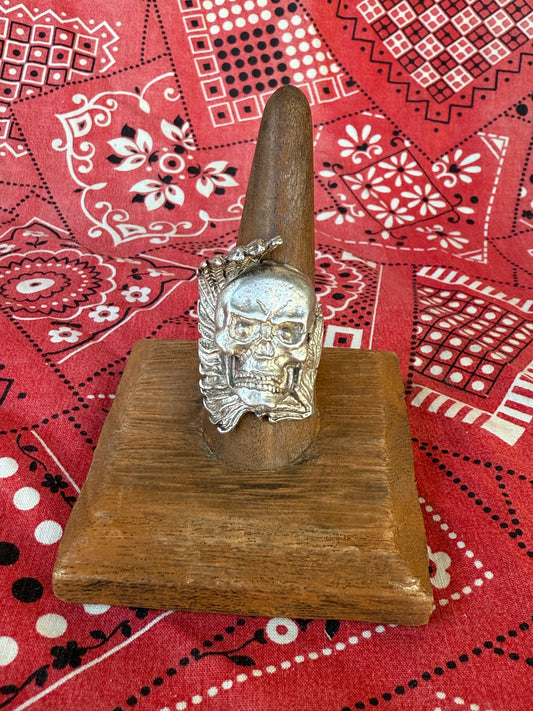 Vintage skull and eagle wing sterling biker ring (MA)