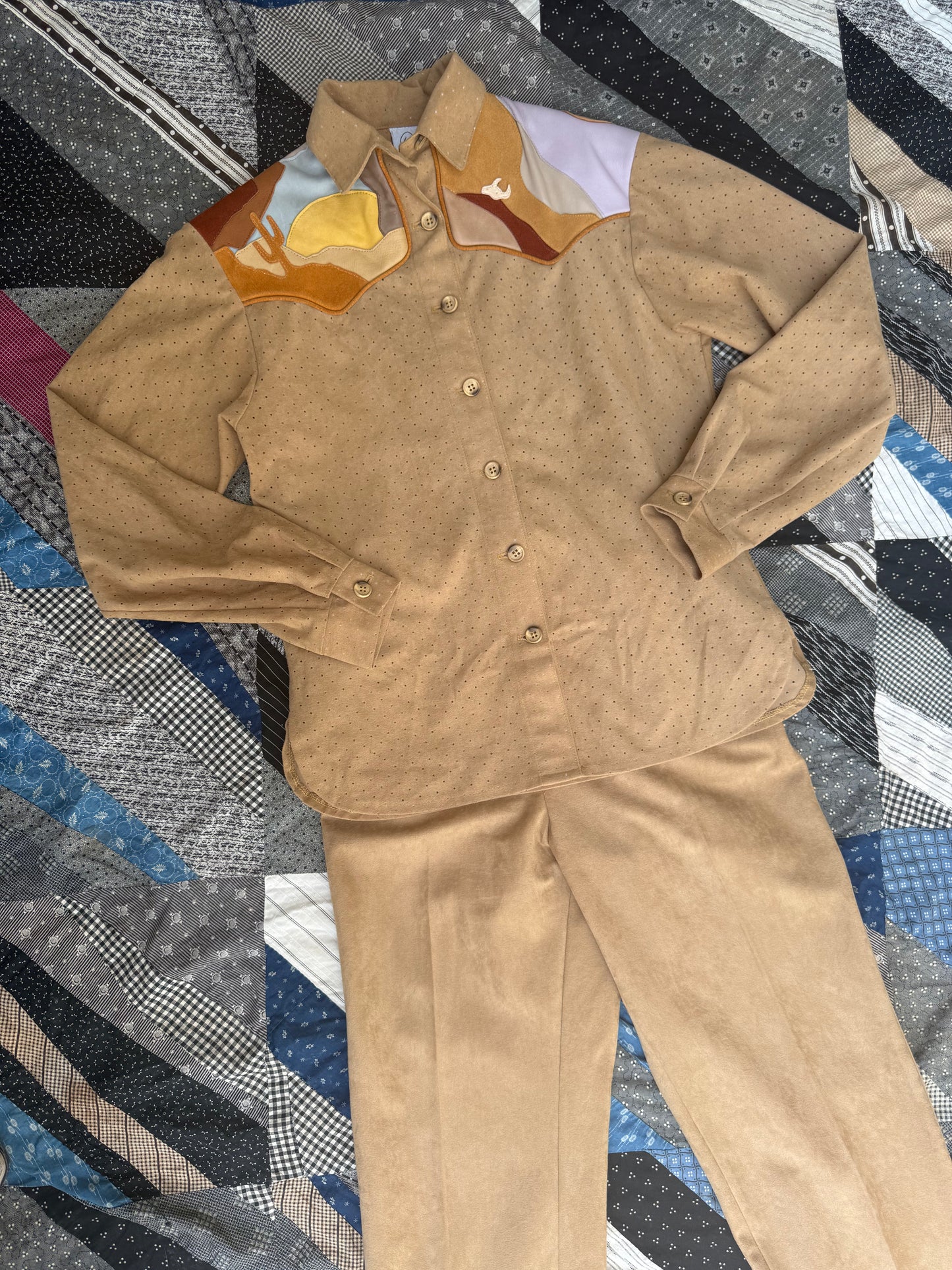 Faux Suede Western Suit with Patchwork leather Desert Scene