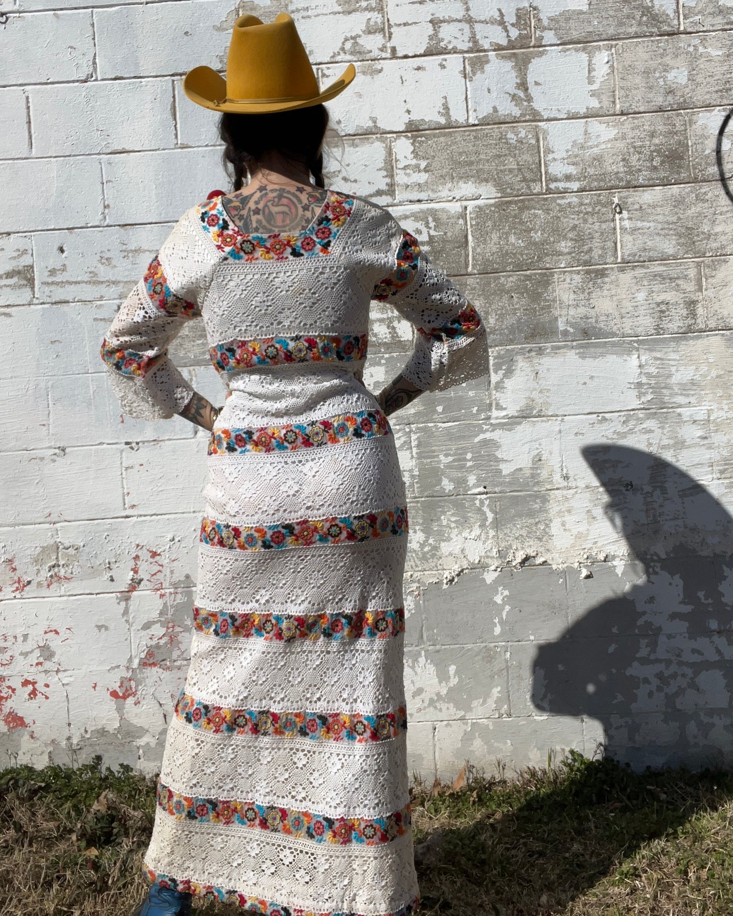 Vintage White Crochet w/Flowers Long Dress