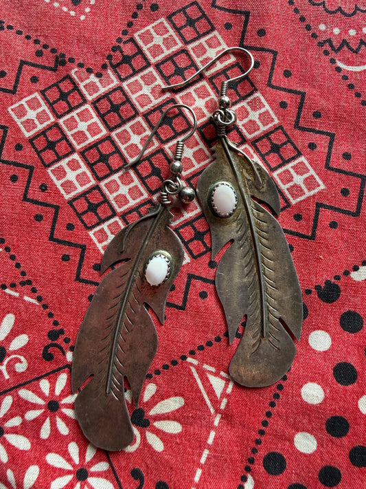 vintage sterling and mother of pearl feather earrings (MA)