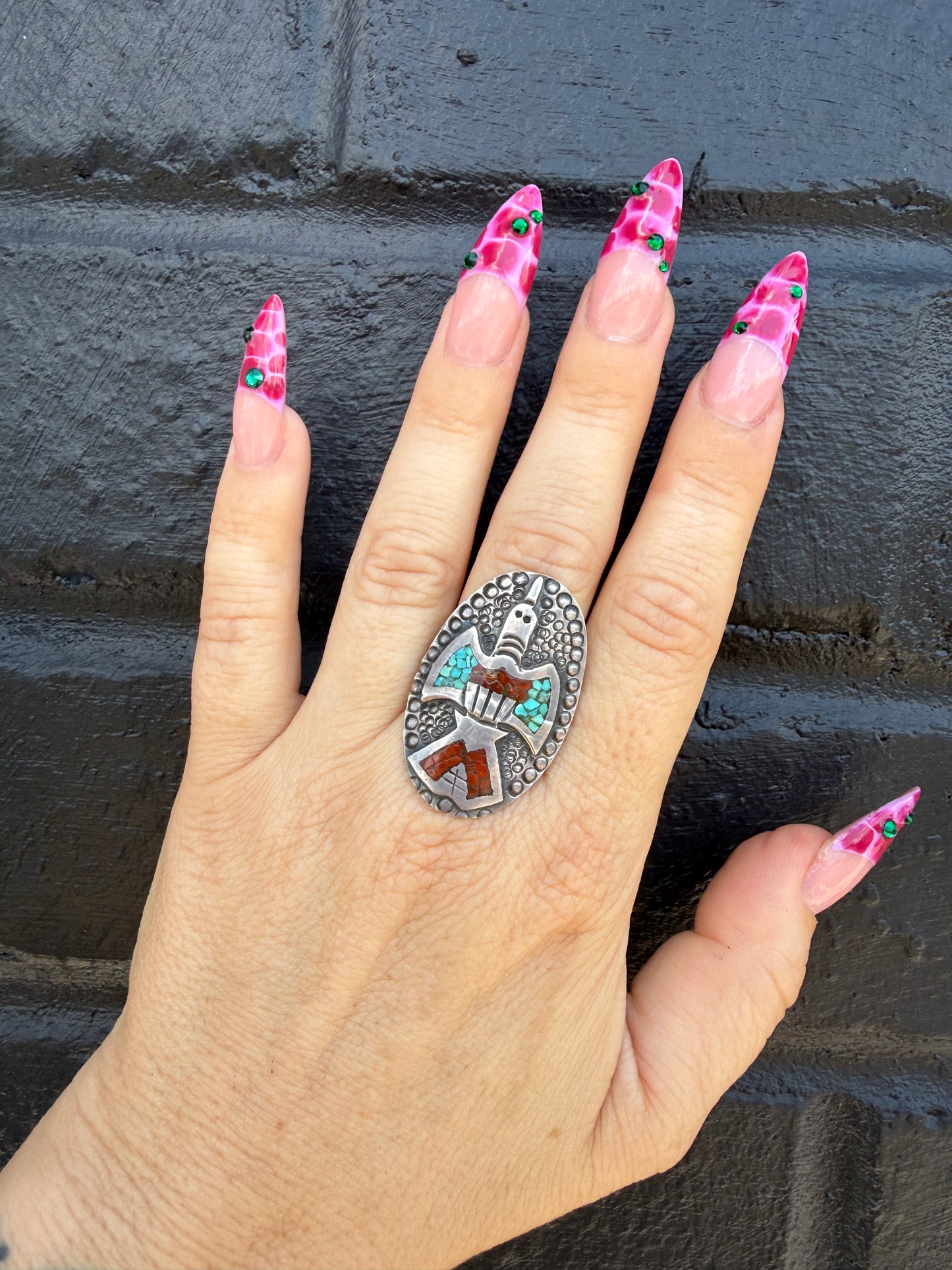 Crushed Turquoise and Coral Thunderbird Ring (MA)