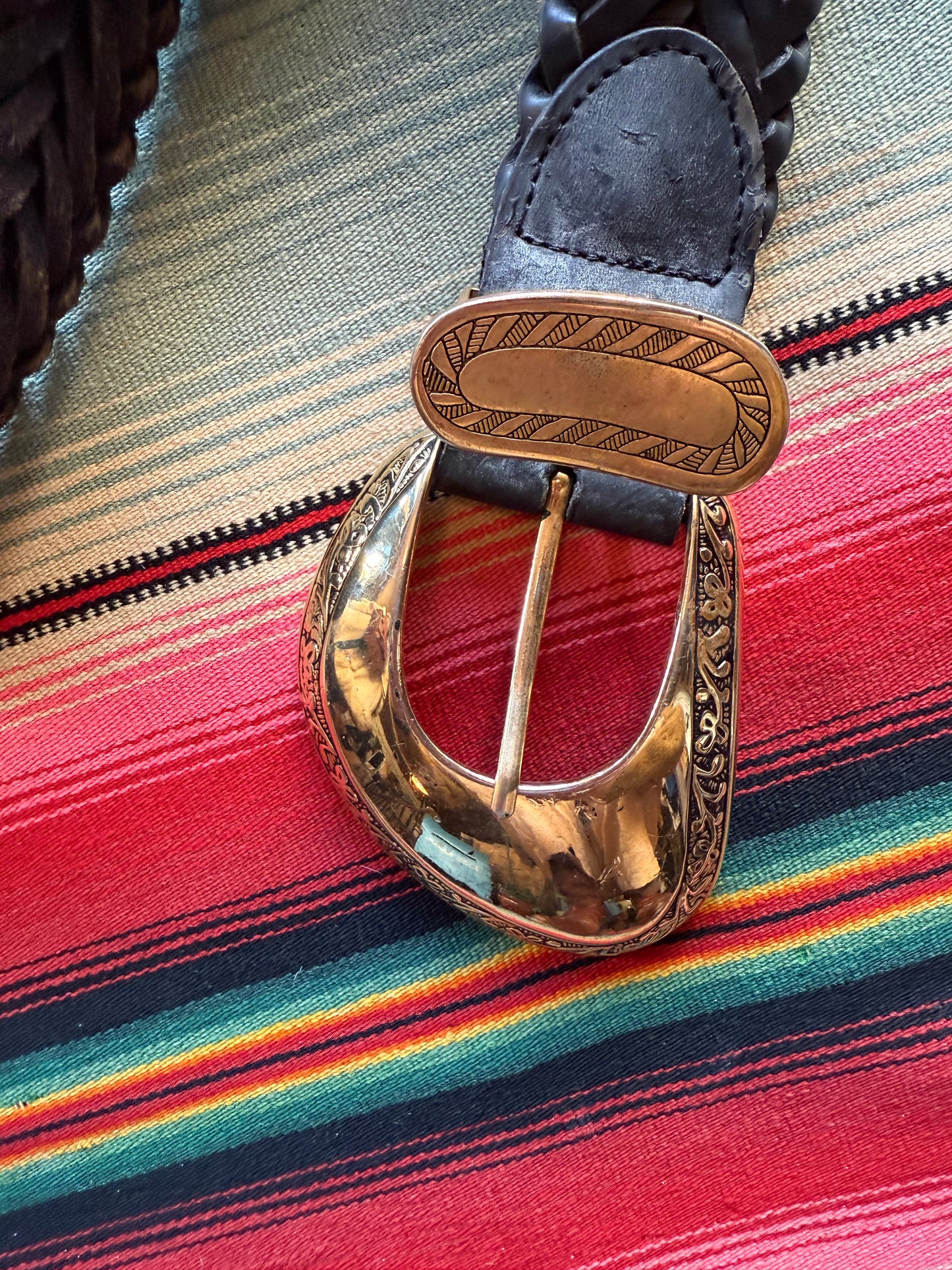 80s/90s Leather Belt with oversized Gold Buckle