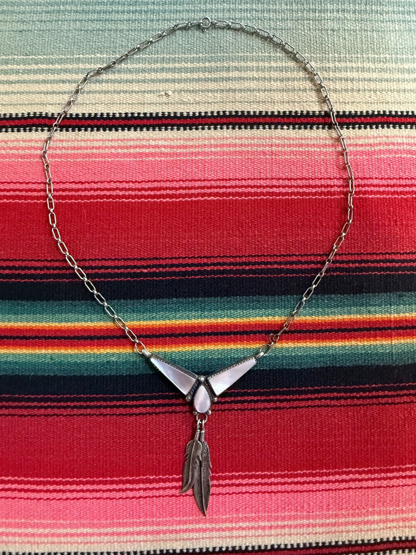 Vintage Sterling and Mother of Pearl Feather Pendant with Chain 8”