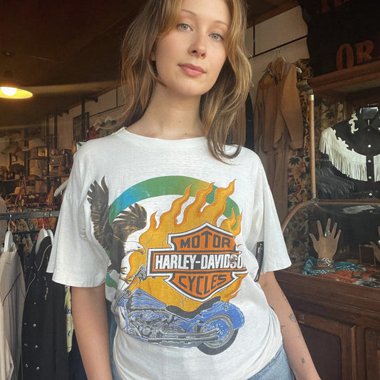 Single Stitch Flame and Eagle Harley Tee Large