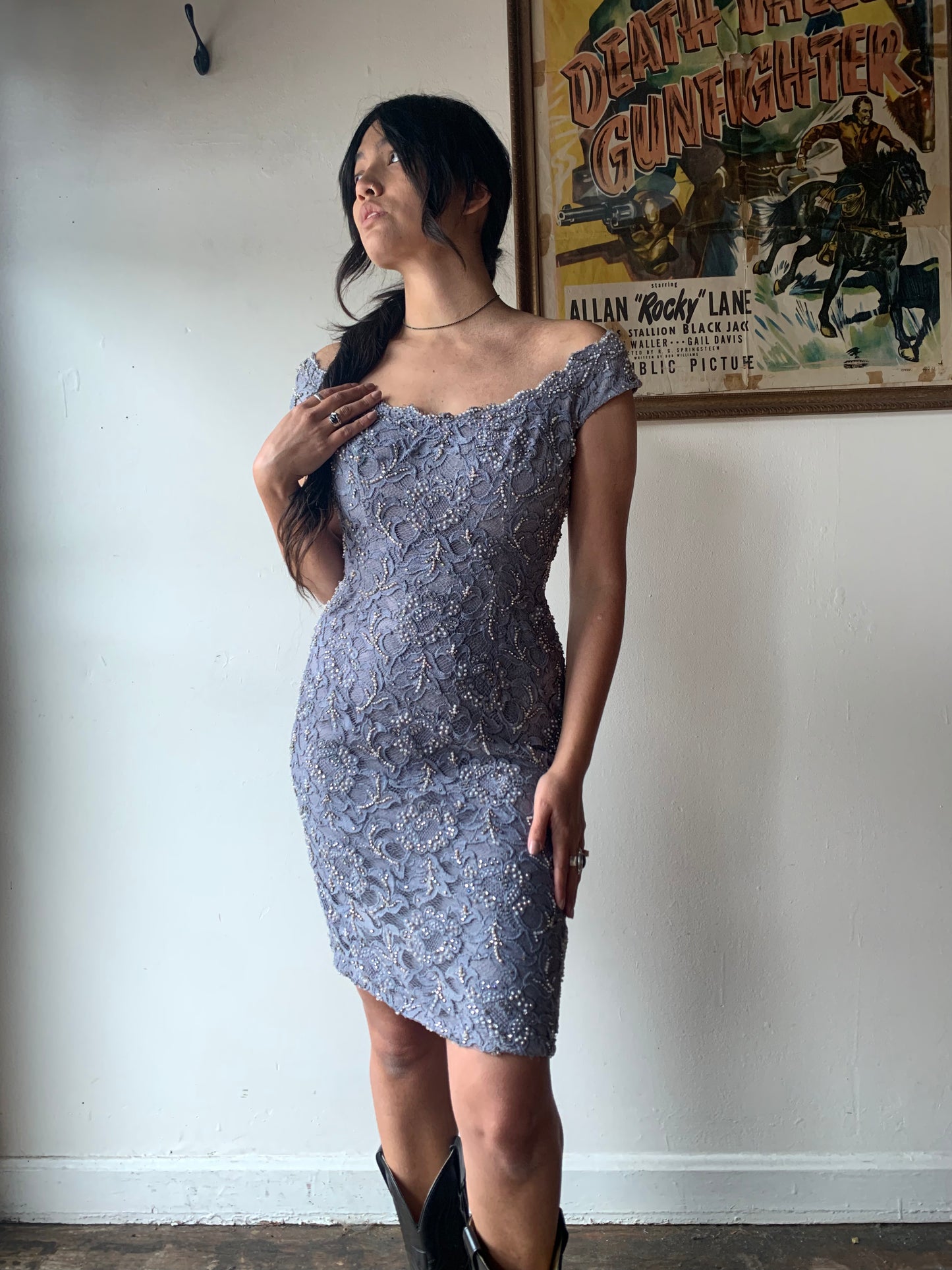 1960s Gray Lace Cocktail Dress with Beading by Charlotte's West