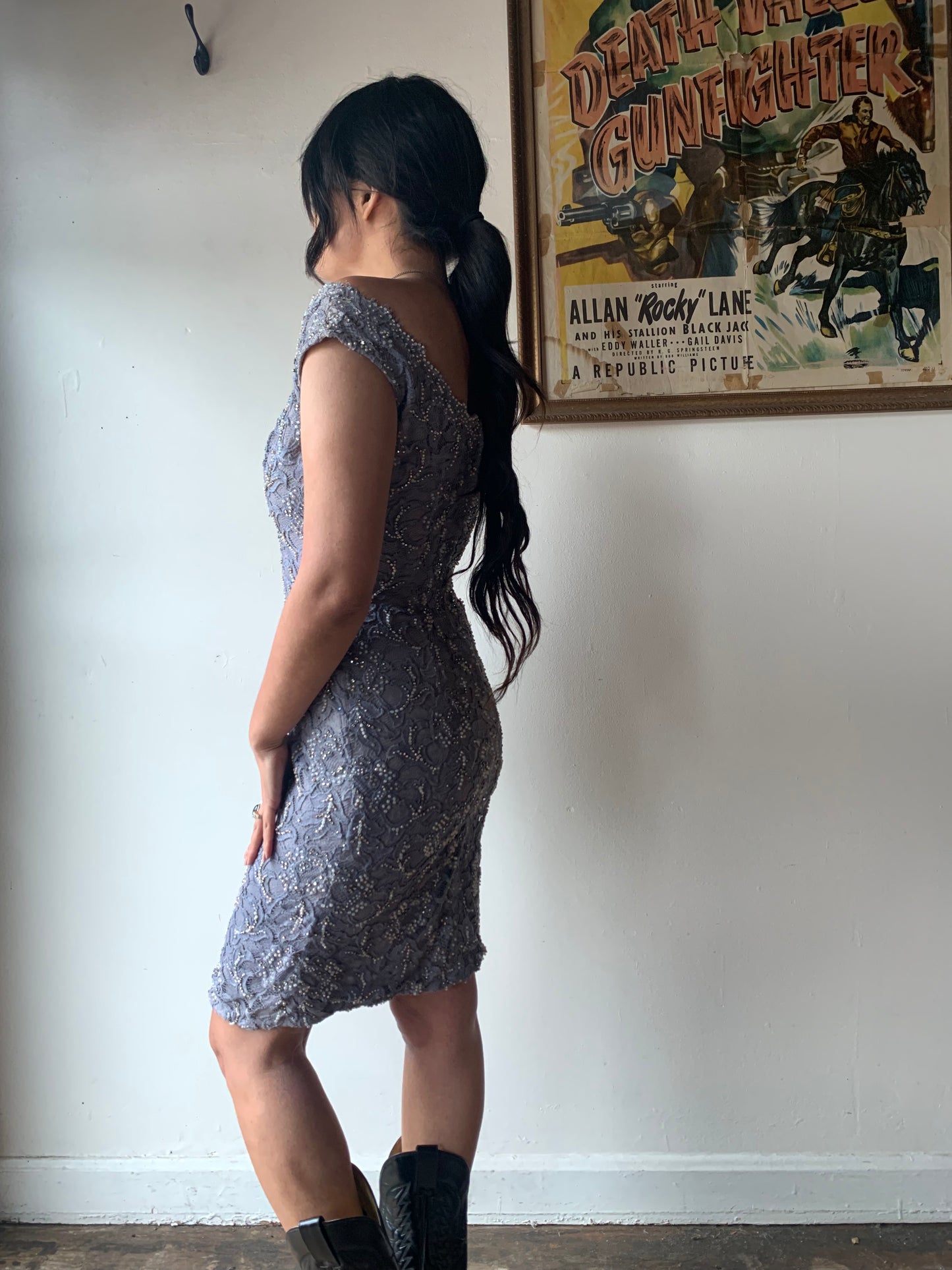 1960s Gray Lace Cocktail Dress with Beading by Charlotte's West