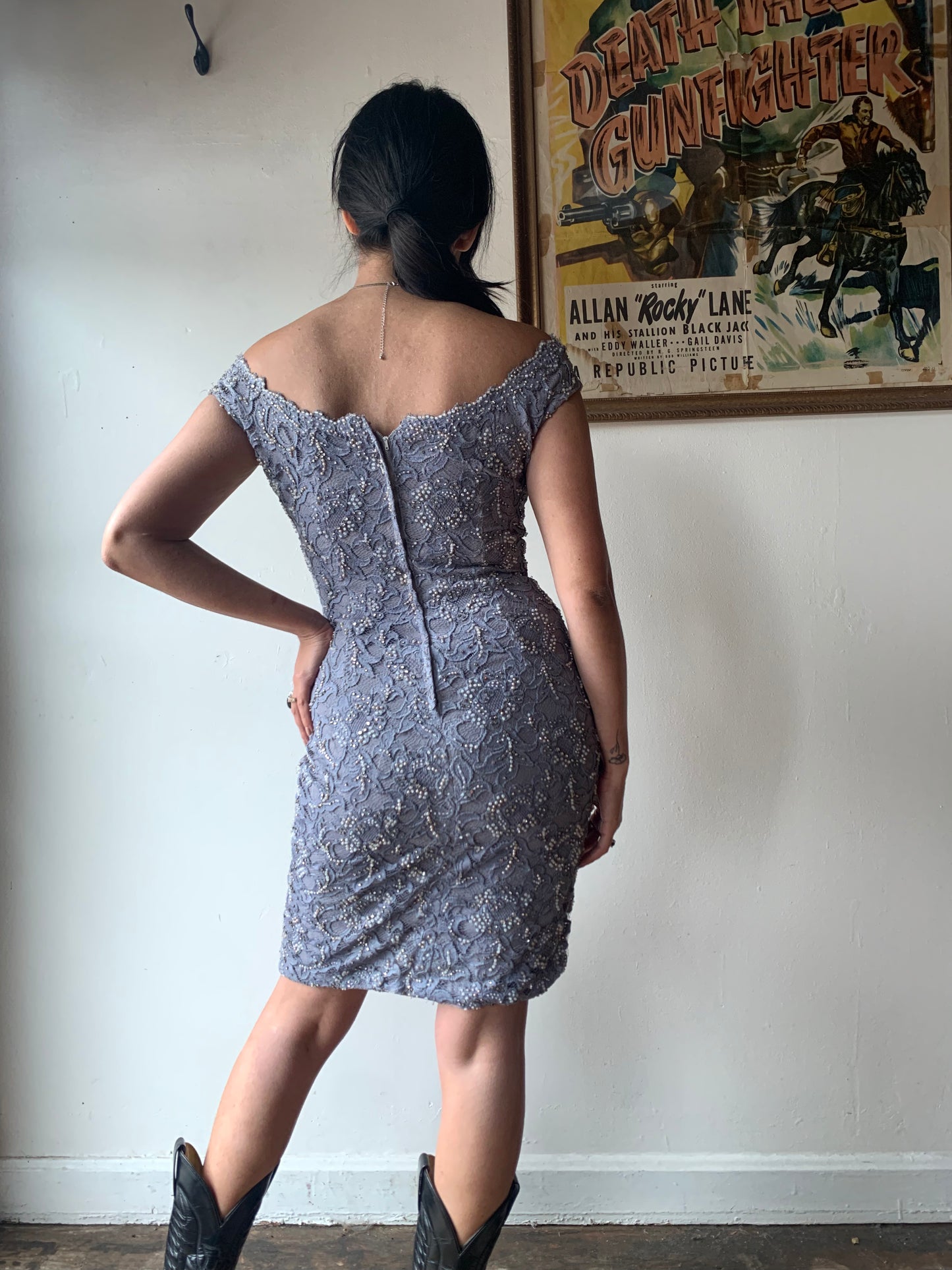 1960s Gray Lace Cocktail Dress with Beading by Charlotte's West