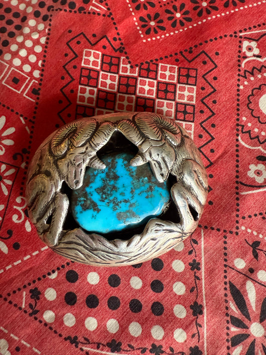Vintage Artist signed sterling and turquoise big horn sheep belt buckle