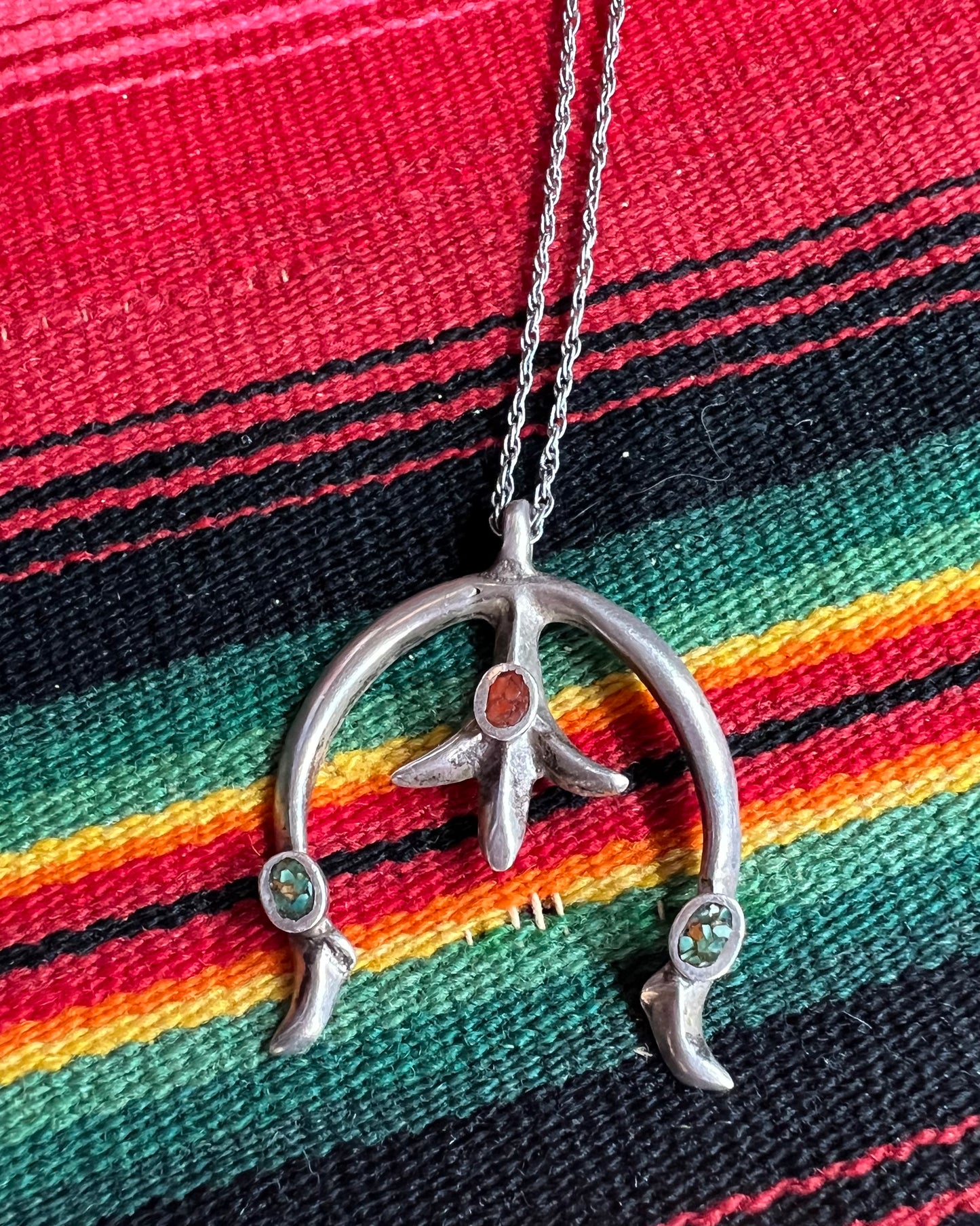 Crushed Turquoise and Coral Naja Charm with Sterling Chain
