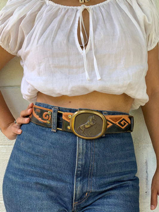 Vintage Belt - Black & Brown Aztec Patterned