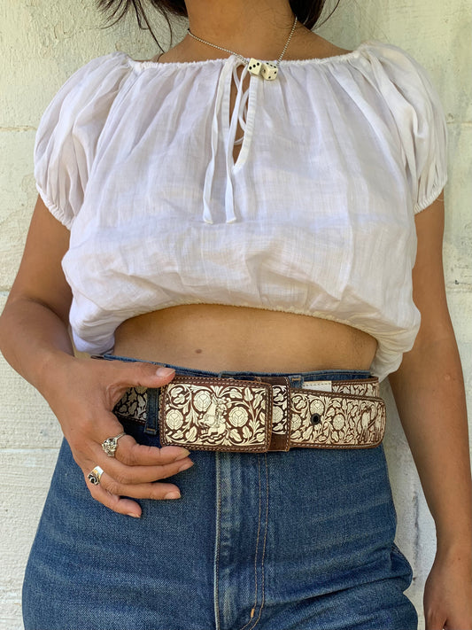 Vintage White Tooled Leather Belt