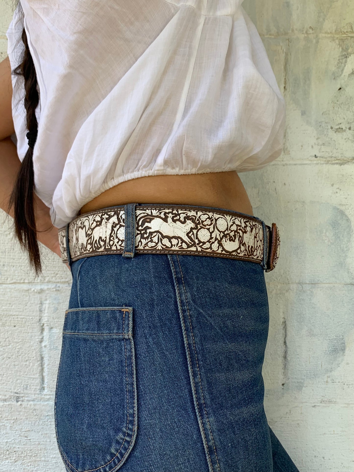 Vintage White Tooled Leather Belt