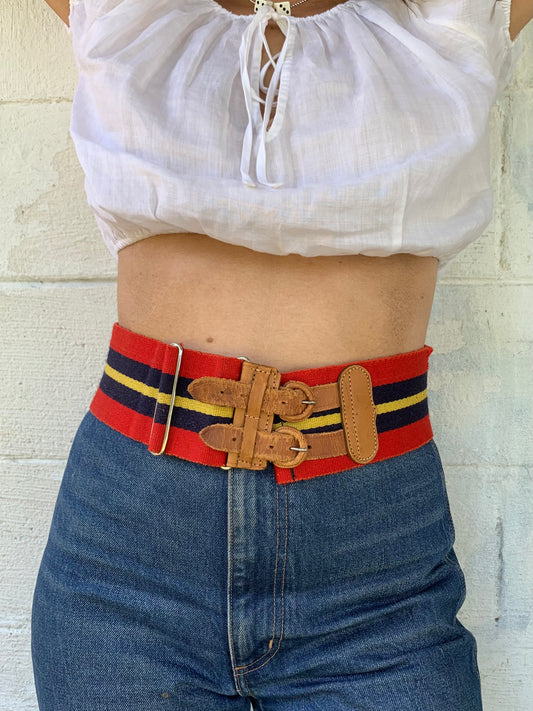 Vintage Red, Yellow, and Navy Thick Stretch Belt