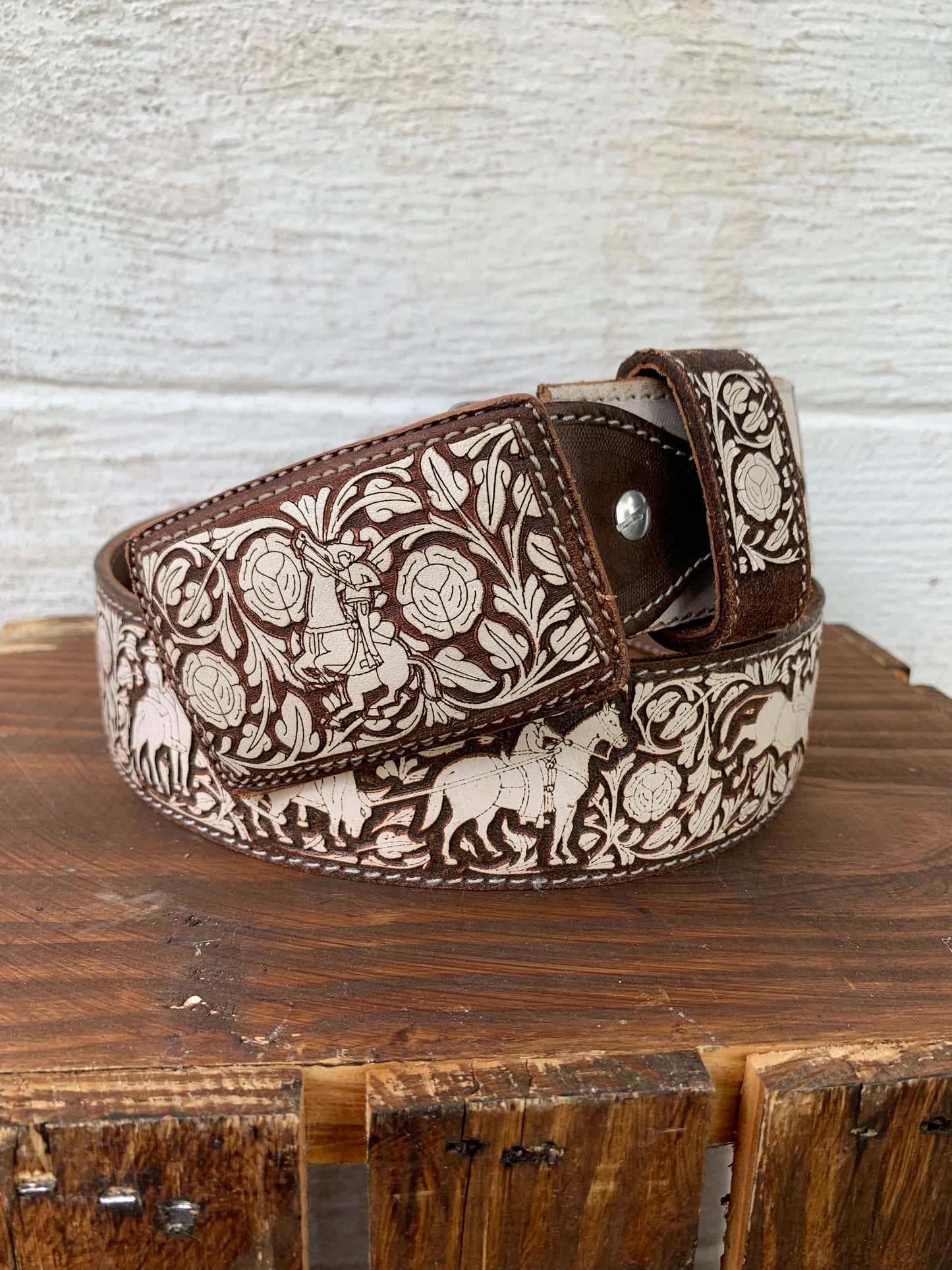 Vintage White Tooled Leather Belt