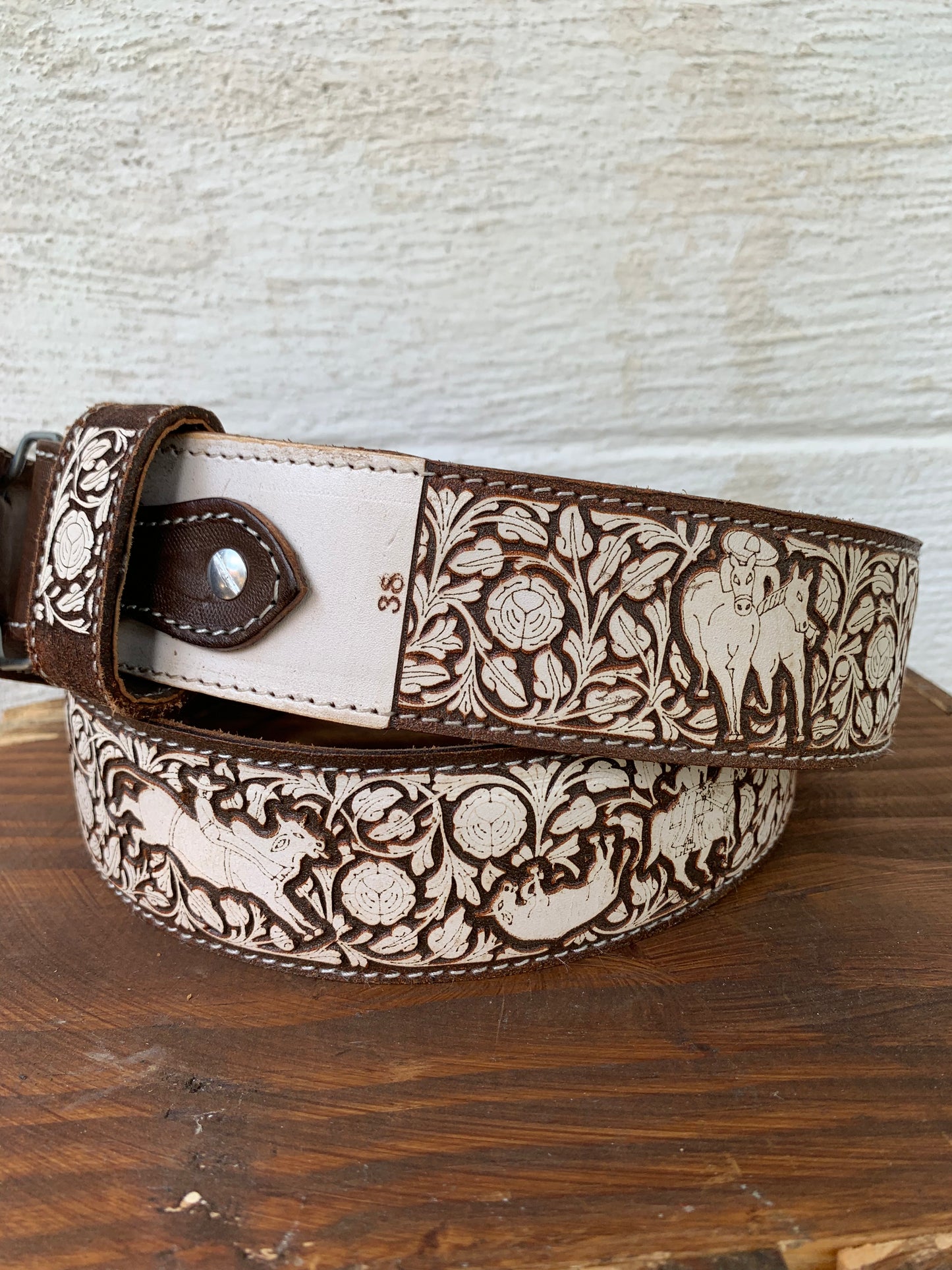 Vintage White Tooled Leather Belt